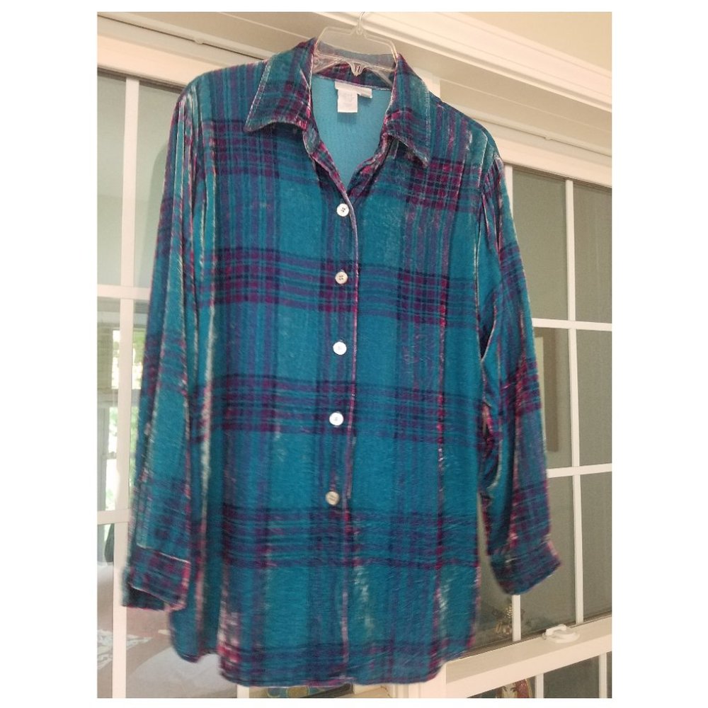 Soft Surroundings Plaid Velvet button up shirt
